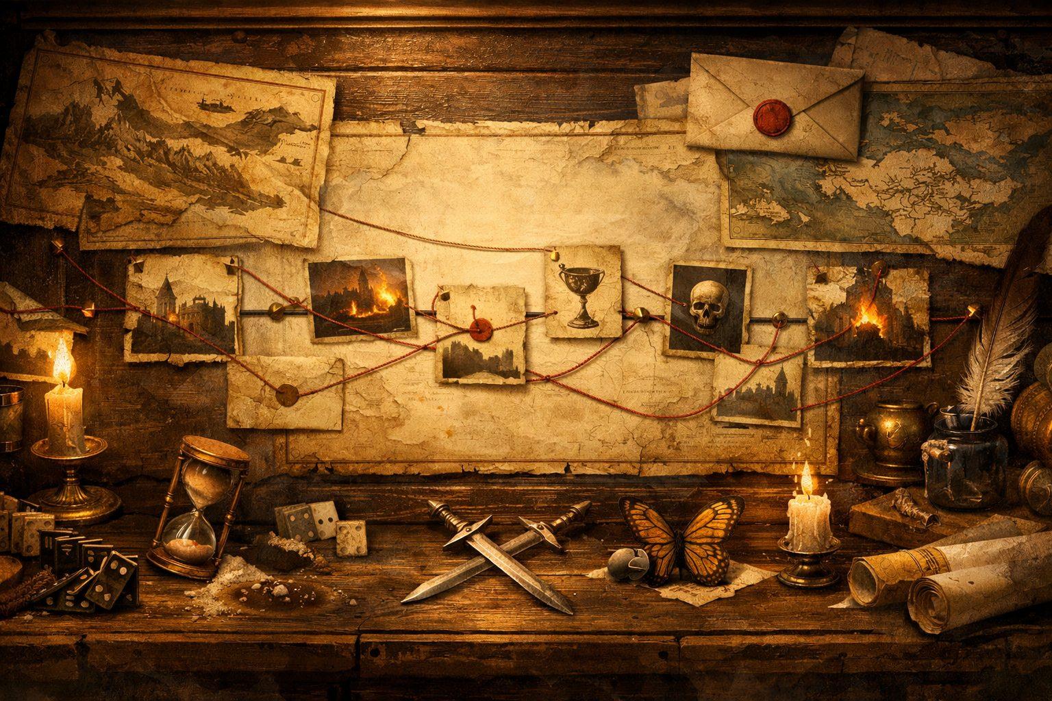 Timeline-style editorial illustration with connected story events, red continuity threads, and manuscript notes.