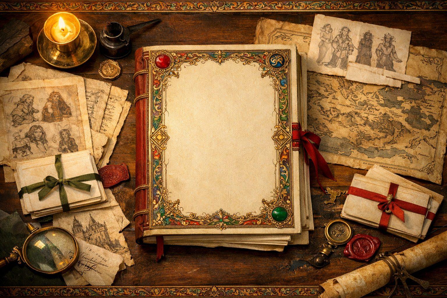 Editorial manuscript desk with layered lore pages, maps, and canon notes arranged in a story bible.