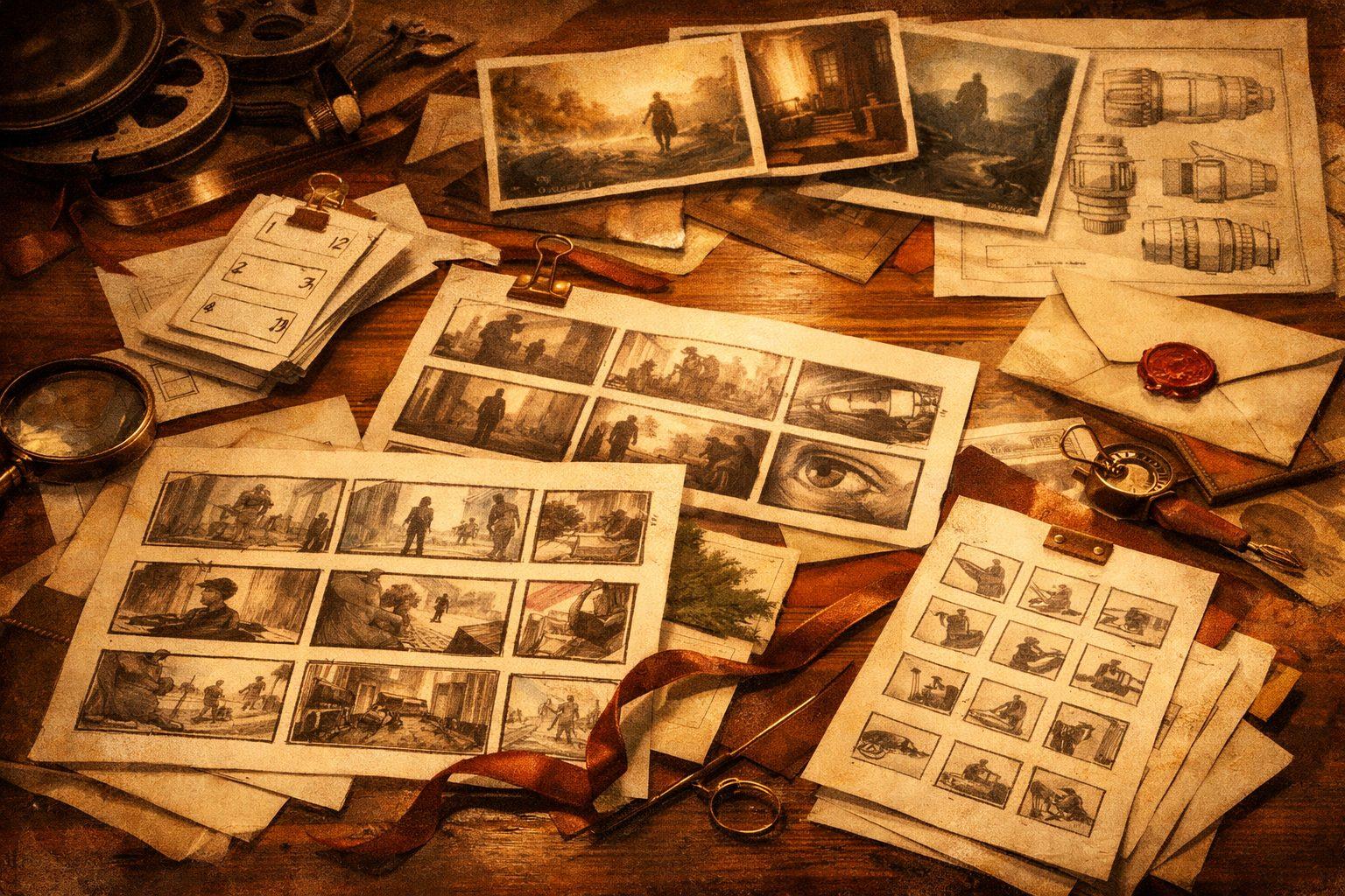 Director-style editorial desk with storyboard frames, shot sequence cards, and preproduction materials for AI video planning.