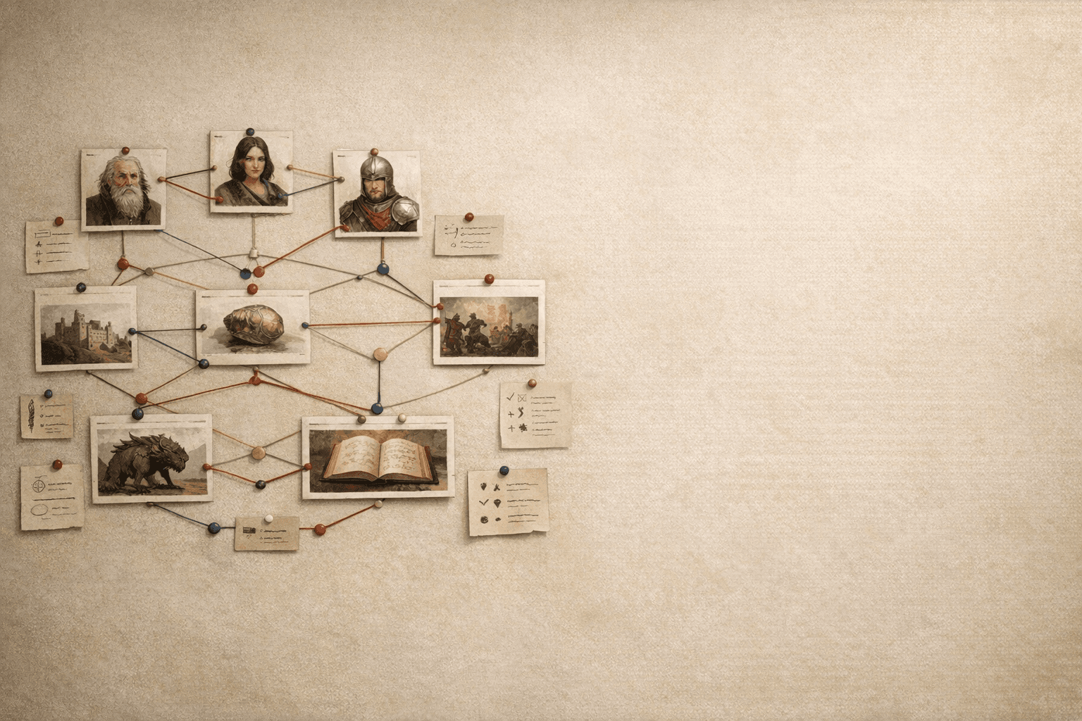 Editorial wall of entity cards, relationship threads, and rule notes arranged like a story-focused lore graph.
