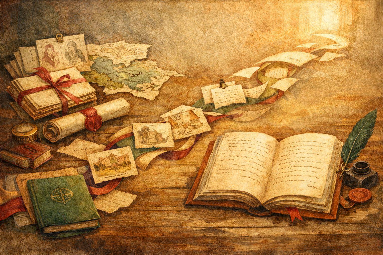 Warm editorial writing desk showing an open notebook, cards, and a flowing story workflow from notes to draft pages.