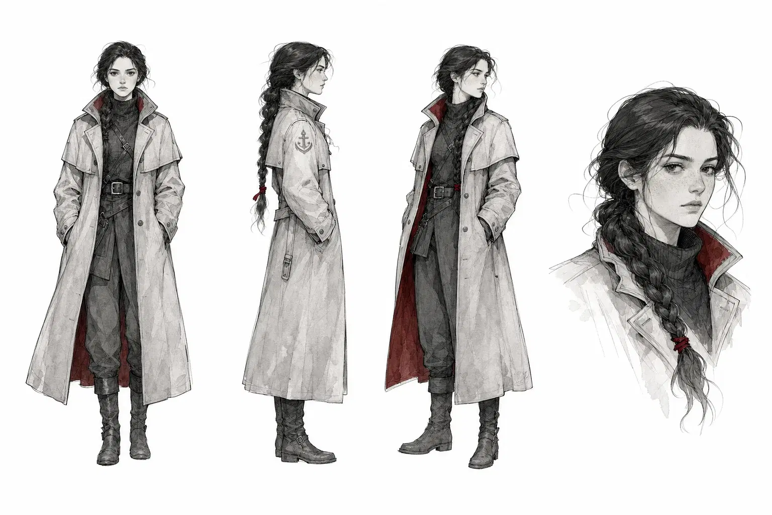 Reference sheet of Aria Voss: front, profile, three-quarter, and detail views