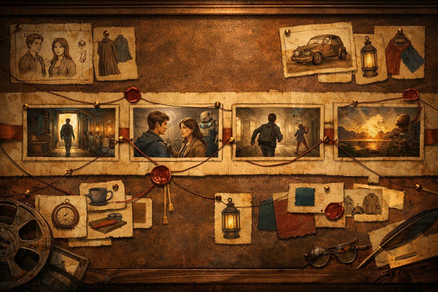 Editorial film continuity board with sequential scene frames, prop references, and connected production notes.
