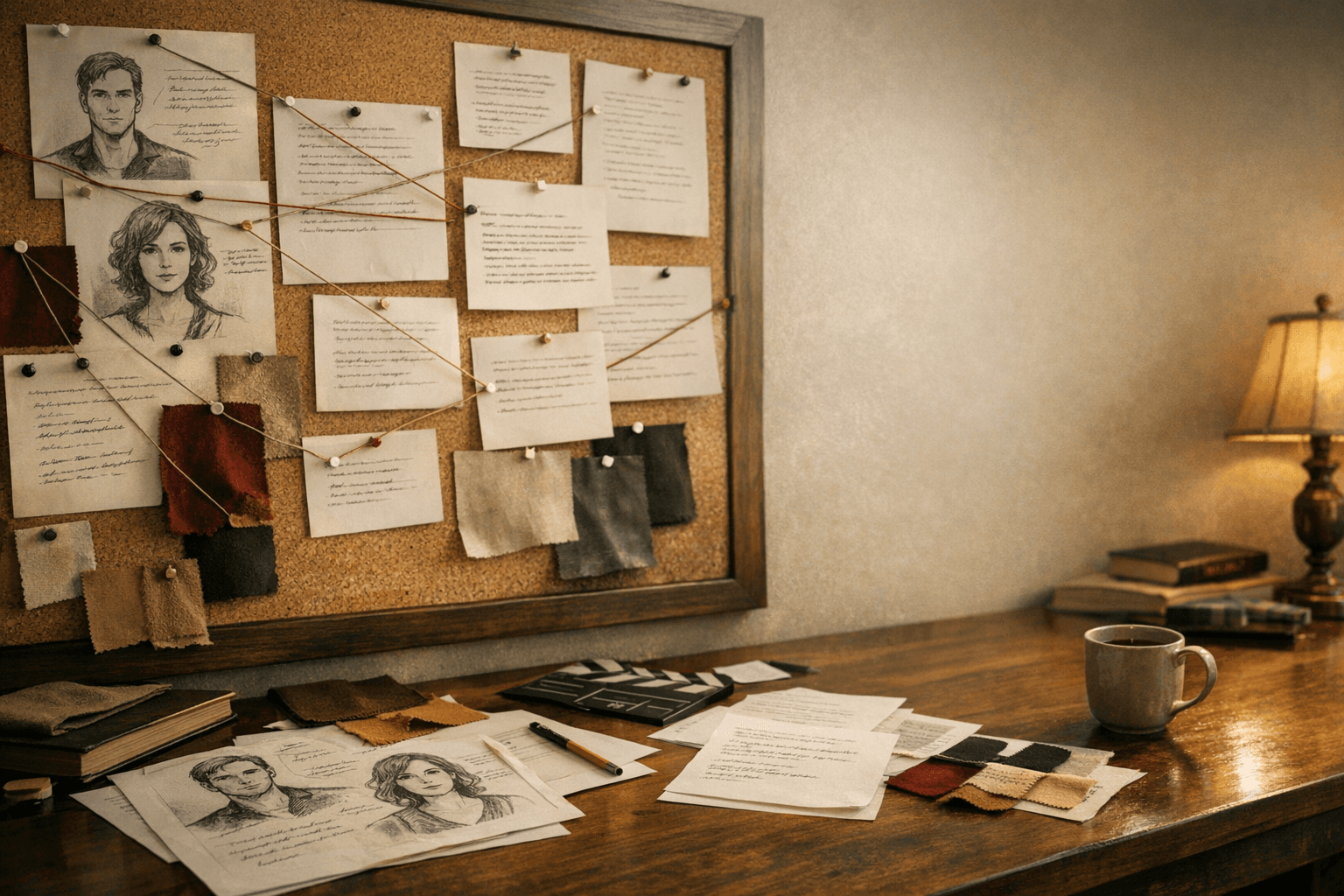 Editorial manuscript board showing a recurring protagonist tracked across draft pages, costume references, and continuity cards.