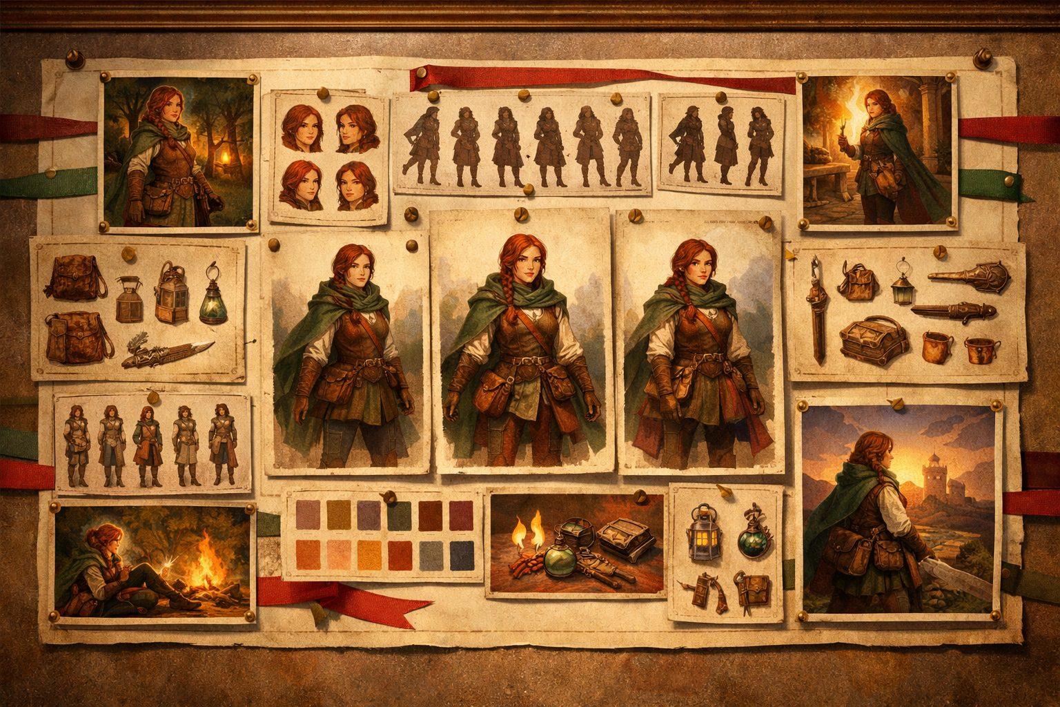 Editorial visual development board showing repeated character and prop references arranged for consistent image generation.