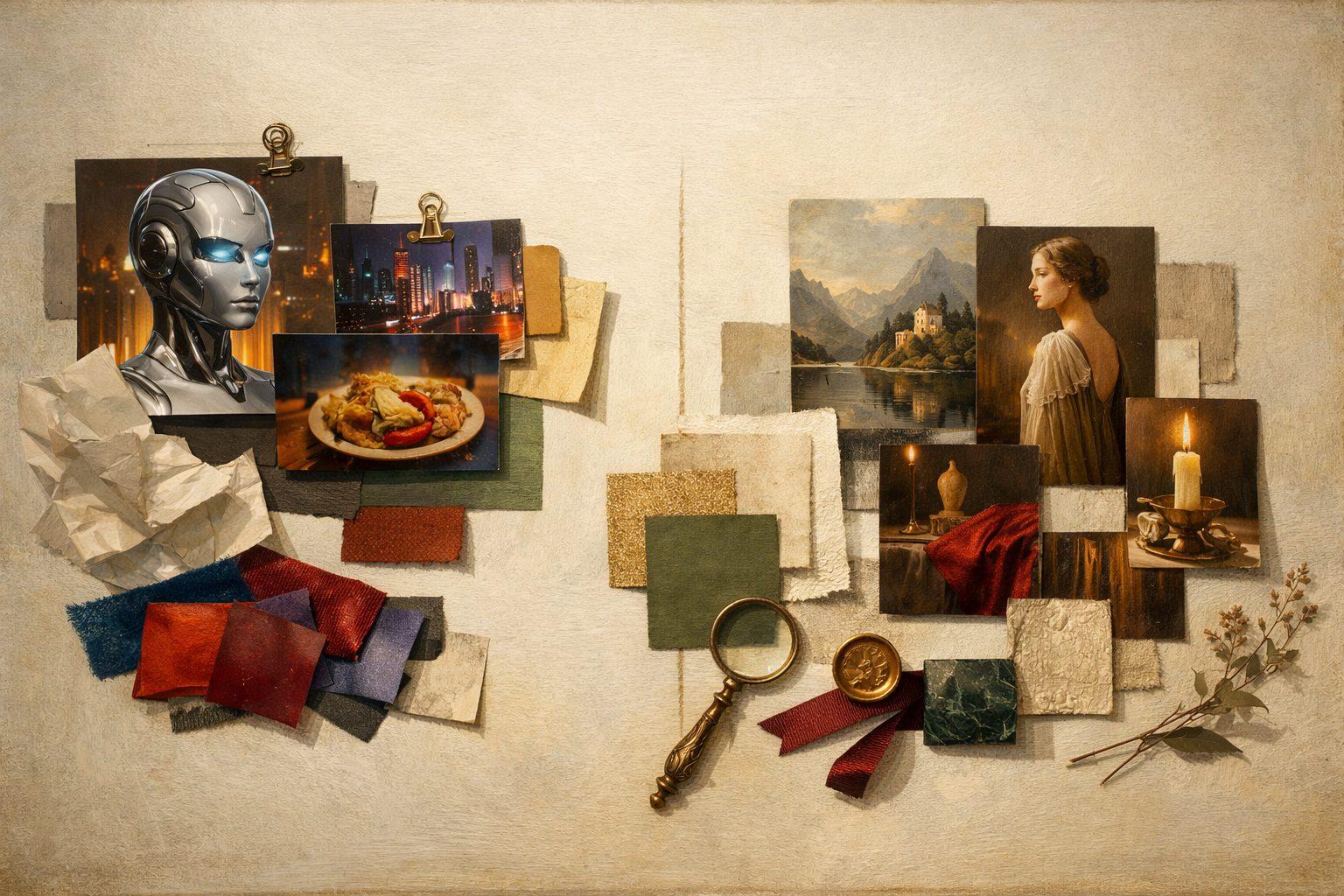 Refined editorial mood board with intentional materials, negative space, and curated visual references that contrast with generic AI output.