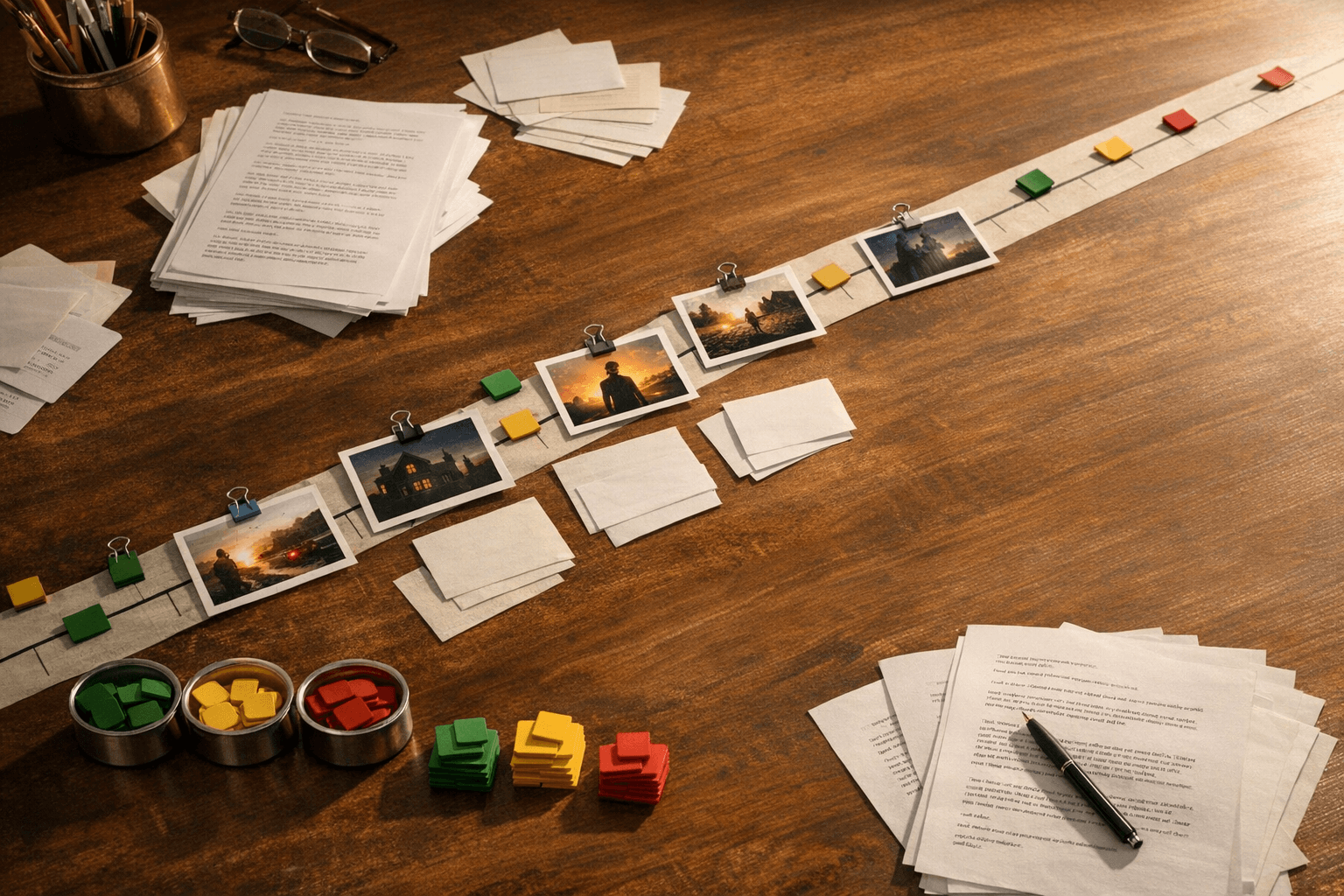 Editorial timeline board with story events, condition markers, and current-world-state notes layered over manuscript pages.